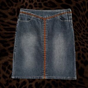 Squeeze Blue Denim Pencil Skirt with Brown Braided Trim